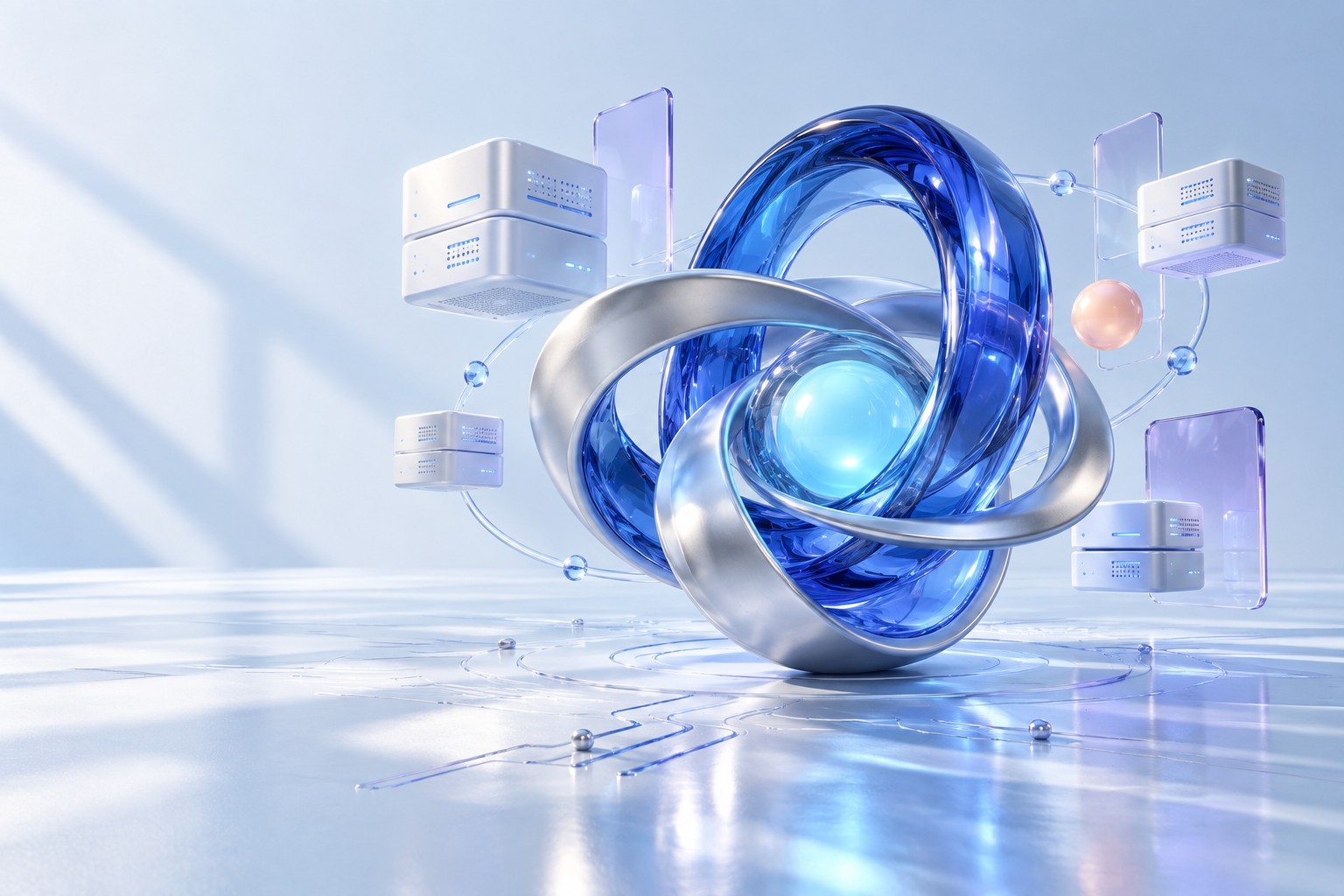 Sculptural blue glass loops representing connected business technology