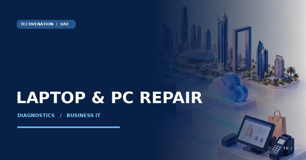 Editorial illustration of laptop repair — conceptual, not a client project photo