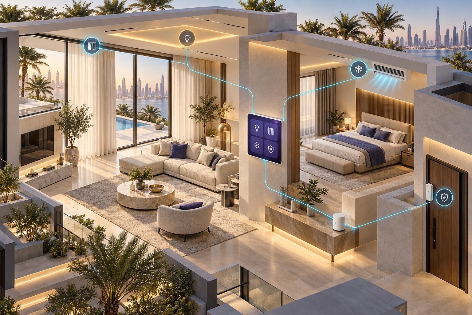 Conceptual smart home with lighting, curtains and climate controls